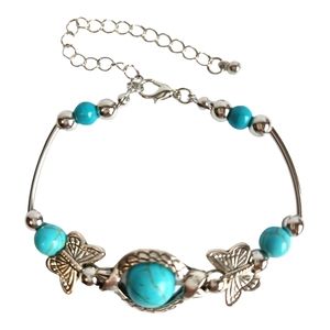Silver Tone Turquoise Beads Elastic Adjustable Charm Bracelet